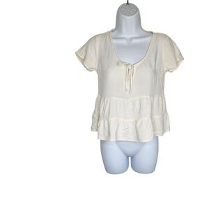 Ivy + Main Cream Tiered Peplum Top Tie Neck Short Sleeve Blouse‎